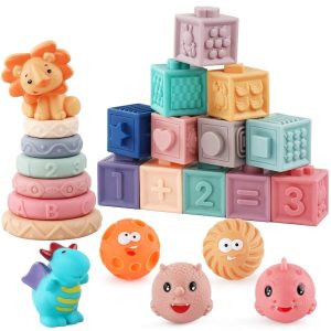 IsEasy 4 In 1 Montessori Toys For Babies 6-12 Months, Pull String Teething Toys, Sensory Bin Toy, Stacking Building Blocks & Rings For 1 2 3 Year Old Babies Boy And Girl Gifts