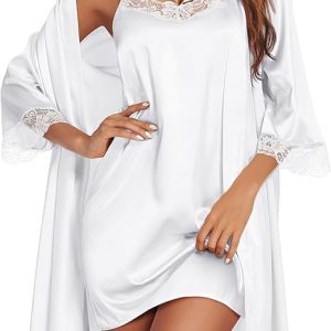 Satin Robes Set Women's Silk Nightgown 2 Piece Sleepwear Sexy Lace Cami Nightwear, White, Large
