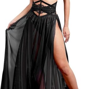 Women Sexy Lace Lingerie Set,Lace Bra and Corset Long Sheer Lace Dress Nightgown with G-String 4 Piece Lingerie Set Black 34B