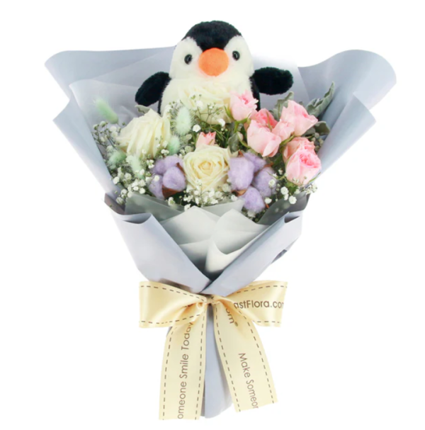 Playful Penguin Plush Set - Flower Bouquet & Plush
