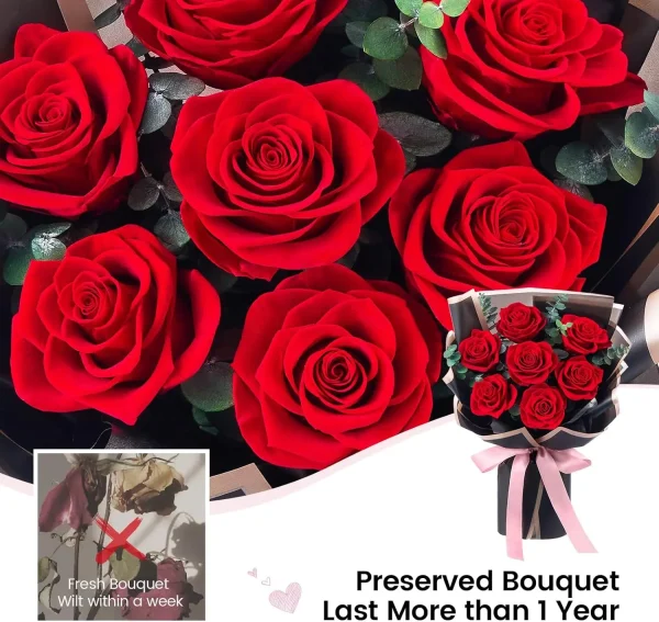 Mosstory 7-Piece Preserved Red Roses Flower Bouquet Gift for Women Mother Wife on Mother's Day Wedding Anniversary Birthday - Image 4