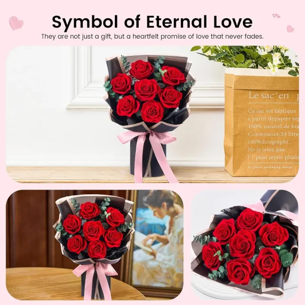 Mosstory 7-Piece Preserved Red Roses Flower Bouquet Gift for Women Mother Wife on Mother's Day Wedding Anniversary Birthday - Image 3